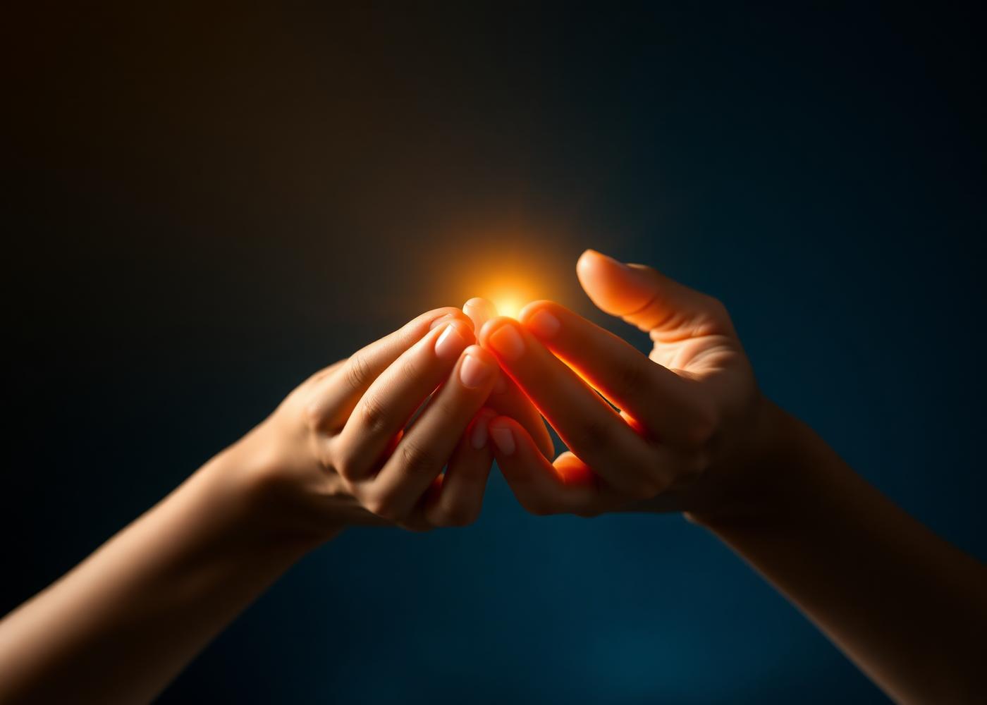 Mãos em gesto de cura com luz dourada entre as palmas