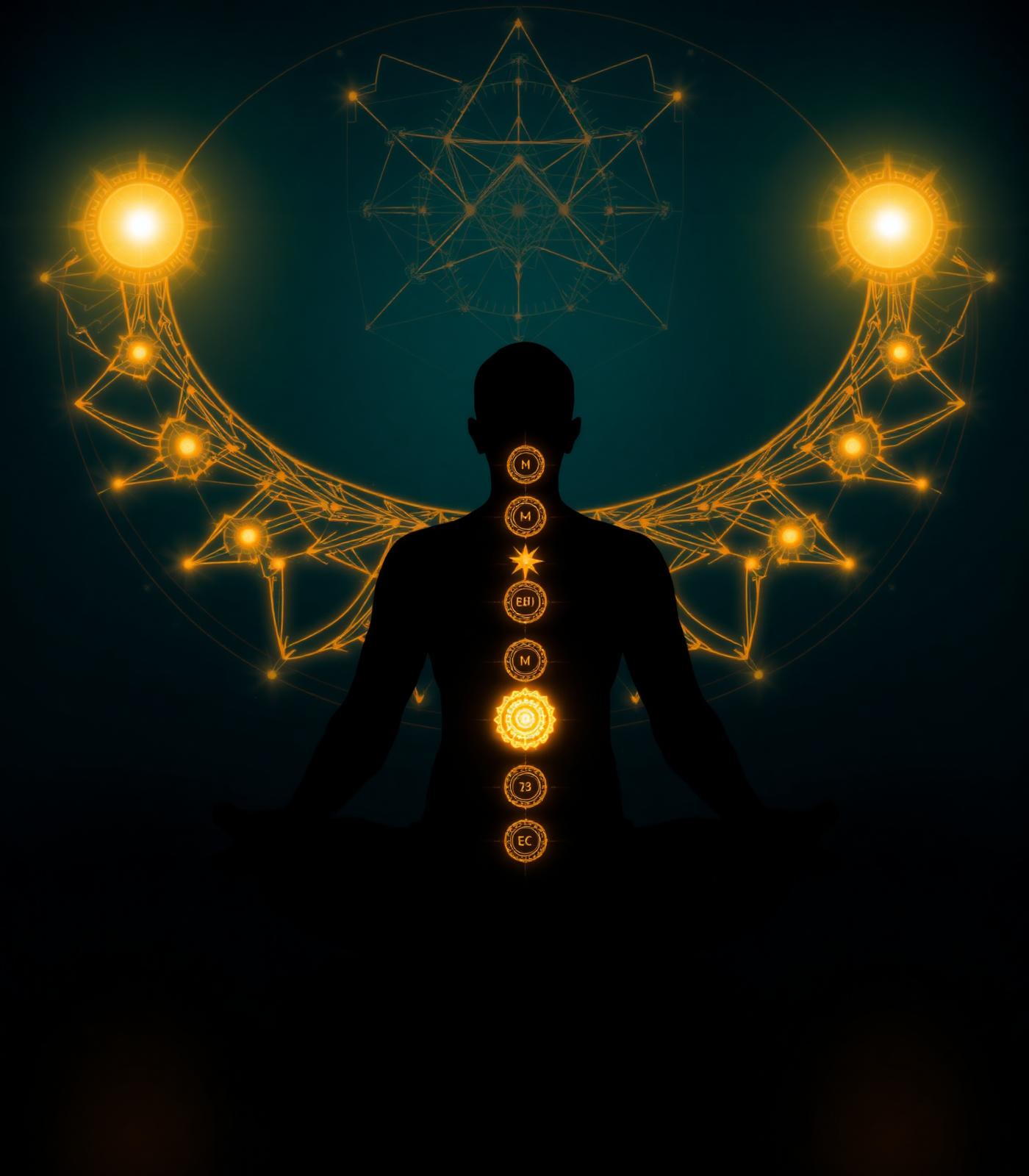 Silhueta em meditação com aura dourada e pontos de chakra iluminados